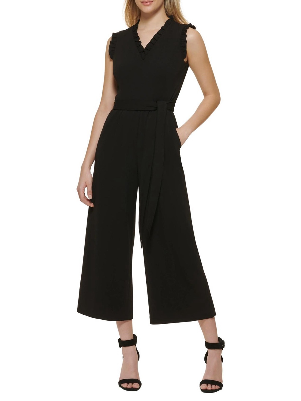 NWT Calvin Klein Black Ruffle Waist Tie Belt Jumpsuit Gold Zipper